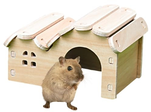 Wooden Hamster House,Small Animal House, Hamster Hideout with Windows and Platform, Natural Wood Habitat for Syrian Dwarf Hamsters Gerbils Mice, Cage Accessories Toys (white, M)