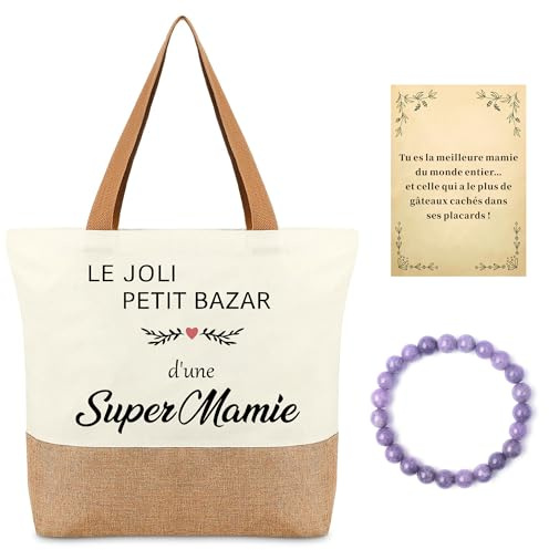 Dreaku Cadeau Mamie Tote Bag et Bracelet Femme pour Anniversaire Ou Noël | Cadeau Fete Des Grand Mere：Sac cabas en Jute Déperlant, Carte d’amour, Bracelet Mamie en Pierre Naturelle pour Détente