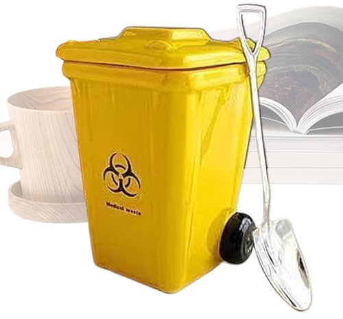 Wheelie Bin-Themed Funny Mugs, 400 Ml Trash Can Shaped Ceramic Coffee Cup with Lid and Spoon, for Tea Latte Milk Juice Beer Wine, for Kitchen Office Living Room Christmas Party