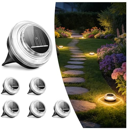 Liyade Solar-Bodenleuchten, 6 Stück, 4 LED, Warmweiß, IP65 | Wasserdichte Landschaftsbeleuchtung für Terrasse, Rasen, Gehweg, Auffahrt, Balkon und Garten