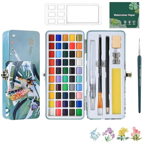KINDLUME Aquarellfarben Set, Wasserfarbkasten, Aquarell Set, Wassermalkasten, 50 Farben mit 16 Zubehör Inklusive 8 Aquarellpapieren, für Einsteiger, Kunstprojekte und Unterwegs