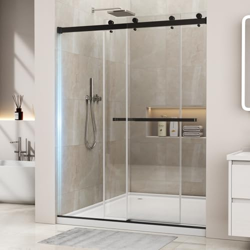 Frameless Stainless Steel Sliding Shower Door, 56-60 W x 72 H - 1/4” (6mm) Thick Tempered Glass Rust-Proof Glass Shower Door with Dual Tracks in Matte Black