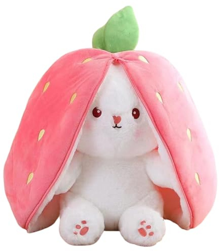 GWEOR 1 Pcs Lapin en Peluche,Rose,Cachette,25cm Douceur Carottes Fraises Poupée Lapins,Motif lapin de Pâques,Oreiller en Peluche,Pour Garçons et Filles