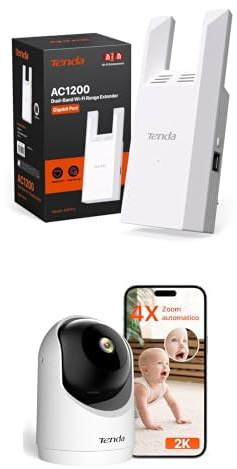 Bundle of Tenda A18 Pro Ripetitore Wi-Fi Dual Band AC1200 Mbps+ Tenda Telecamera Wi-Fi Interno 2K, WiFi 6 360° per Bambini/Animali