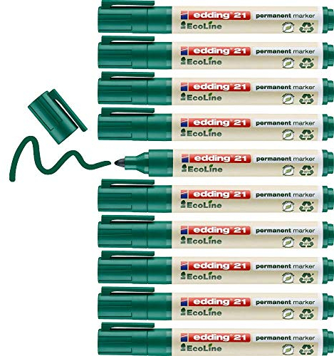 edding 21 Ecoline permanent marker - green - box of 10 - round tip 1.5-3 mm - waterproof, quick-drying, smear-proof pens - for cardboard, plastic, glass, wood, metal and fabric - refillable