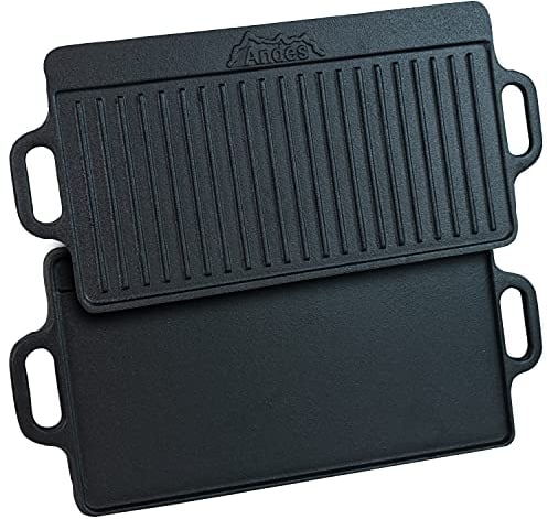 Andes Double Sided Cast Iron Griddle Plate with Handles, Ribbed Grill Pan/BBQ Skillet for Camping, 50 x 23cm