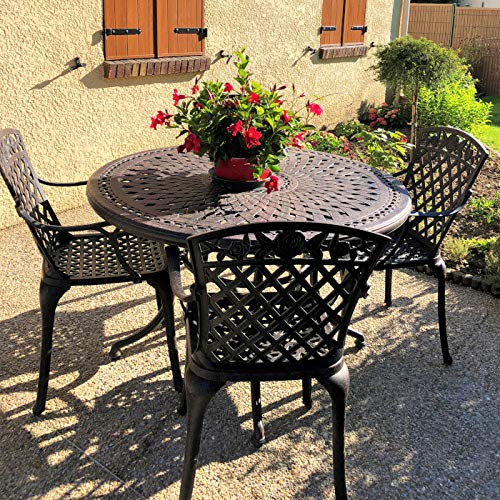 Lazy Susan Alice Round 4 Seater Cast Aluminium Garden Furniture Set, Maintenance Free, Weatherproof, Antique Bronze Finish, Matching Rose Chairs, Sandstone Cushions