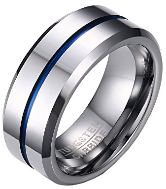 PMTIER Herren 8MM Blau Gerillt Wolfram Ring Hochzeitsring Silber Ton Größe 68 (21.6)