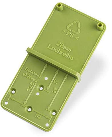 Sotech Ankörn-Bohrschablone EasyGreen für 32er Lochreihen und Exzenter Verbindungsbeschläge, Topfbänder Ø 26 und 35 mm