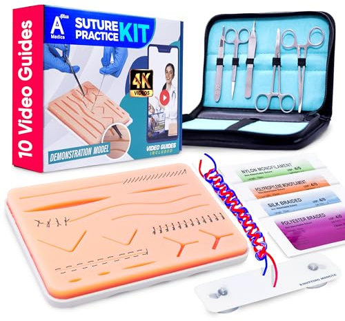 Complete Suture Practice Kit for Medical Students w/How-To Suture HD Video Course, Suture Training Manual & Carryall Case. All-in-One A Plus Medics kit incl. suture practice pad. (Education Use Only)