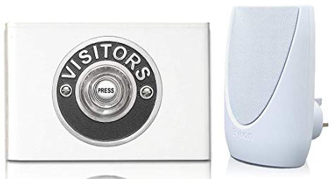 Byron 100m Wireless Plug-in Contemporary Doorbell kit Visitors Chrome on White Perspex Plinth