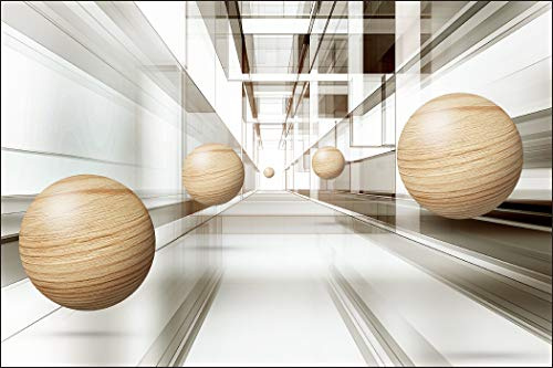 Muralo Photo Wallpaper 3D Effect 210 x 315 cm Non-Woven Wall Wallpaper Tunnel Balls Wood Look 3D Look Living Room Bedroom Modern Wall Picture
