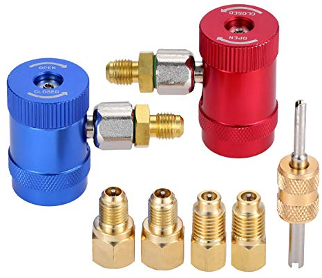 gohantee R1234yf Adapter AC-Schnellkupplungen, 9-teiliges Set, kompatibel mit 1/4 Zoll AC-Ladeschlauch, mit hoch- und niederdruckseitigen AC-Service-Anschlussadaptern und Steamer-Entkerner
