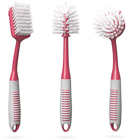 Dish Brush Set of 3 with Bottle Water Brush, Dish Scrub Brush and Scrubber Brush - Kitchen Scrub Brushes Ergonomic Non Slip Long Handle for Cleaning Cleaner Wash Sink Dishes Bottle Cup Glass Pot (Red)