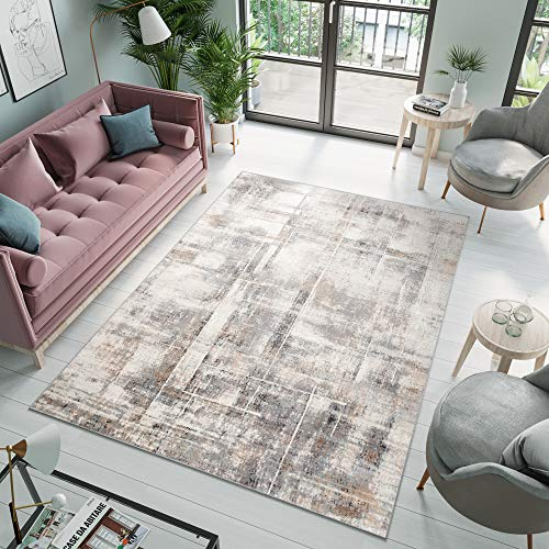 TAPISO Valley Teppich Kurzflor Modern Abstrakt Grau Beige Creme Mehrfarbig Linien Meliert Verwischt Wohnzimmer Schlafzimmer ÖKO-TEX 200 x 300 cm