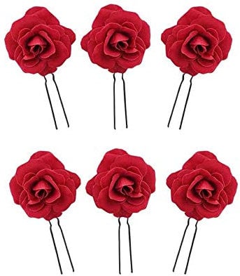 Qinuseaks 6-Piece Floral Hair Clips - Red Rose Flower Hairpins for Party, Wedding & Bridal Accessory