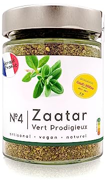 Vrai Zaatar Premium 100g Frais, Délicieux et très parfumé - Fabriqué en France - Za'atar avec seulement 1% de sel Zatar - livre de cuisine levantine - zaatar libanais - épices N.4 Vert Prodigieux 100g