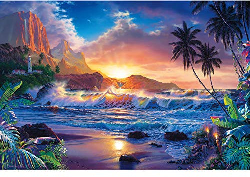 Paradies Fototapete tropische Insel | Tropical Tapete mit Leuchtturm Wellen und Palmen | Bunte Vlies Fototapete mit Strand ideal für Wohnzimmer