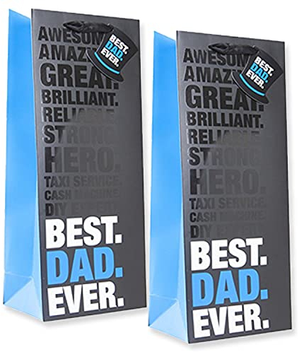 AKH Fathers Day Bottle Gift Bag with Gift Tags | 36cm x 12cm x 11cm | Pack of 2 | Dads Day Thick Luxury Paper Gift Bag | Dad's Day Gifts Bags