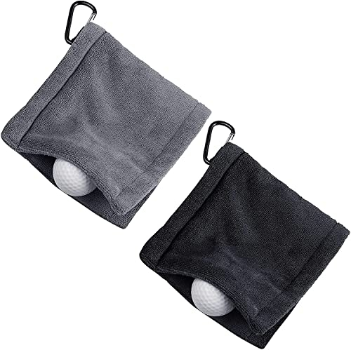 Yinteloo Golf Ball Cleaning Towel, 2 pcs Golf Towel with Snap Hook, 5 x 5 Inch Microfiber Amphibian Wet and Dry, for Bags Course Exercise Gym Men Women (Black & Grey)