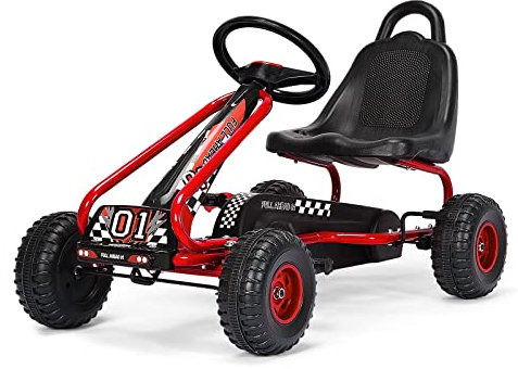 RELAX4LIFE Go Kart a Pedali per Bambini, Karting con 4 Ruote Antiurto e Freno a Mano, 2 Pedali Antiscivolo con Volante, Sedia Ergonomica e Posizione Regolabile (Rosso)