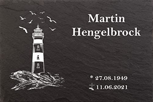 Pokal Center Westerheider Urnengrabstein, Grabstein Leuchtturm mit Möwen, Gedenktafel mit personalisierter Gravur, Naturschieferstein, 30x20cm 100% witterungsbeständig