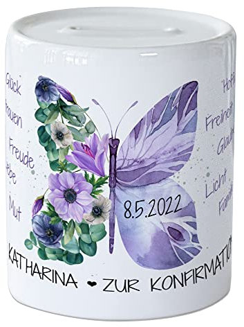 GRAZDesign Spardose Konfirmation Geschenk | personalisiert mit Namen und Datum | Sparschwein als Geldgeschenk, für Mädchen mit Schmetterling aus Keramik