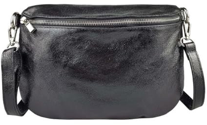 OBC Made in Italy Damen Leder Tasche Gürteltasche Crossbody Hüfttasche Bauchtasche Umhängetasche Cross-Over Bodybag Schultertasche Handytasche (Schwarz (Metallic))