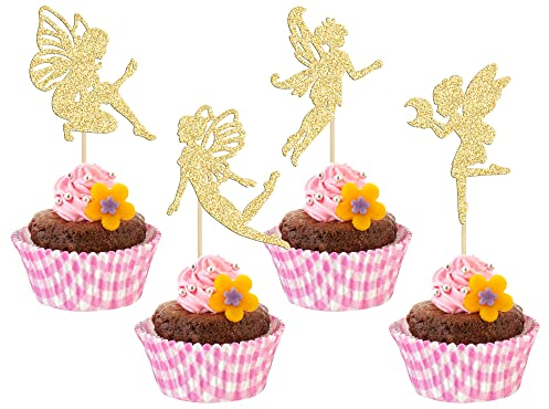 Gyufise 36Pcs Fairy Cupcake Toppers Gold Glitter Flower Angel Fairy Cupcake Picks Ballet Dancer Cupcake Topper for Wedding Bridal Shower Baby Shower Birthday Party Cake Decorations Supplies