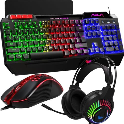 AULA Tastiera da gioco, mouse e mouse combinato, RGB LED retroilluminato, tastiera da gioco con cavo USB, per PC Gamer, Xbox, utenti PS4
