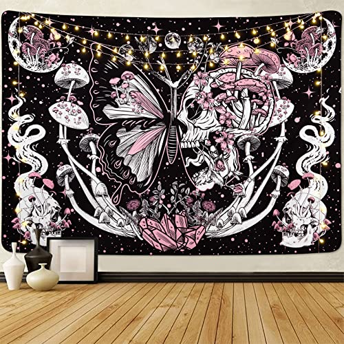 Yrendenge Schmetterling Wandteppich Mit Skelett Und Pilz, Mondstern Heimdekoration, Bunte Hippe Für Schlafzimmer, Wohnzimmer 150 x 130cm (59 x 51 Inches)