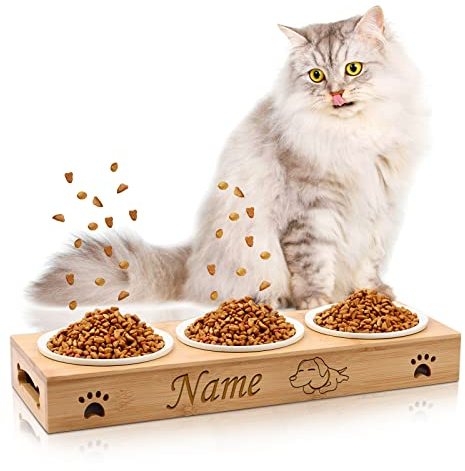 Katzennapf Bambus Erhöht, OXYEFEI Futternapf Katze Keramik Personalisiert mit Name Gravur rutschfest Spülmaschinenfest Futterstation Holz für Katzen Klein Hunde