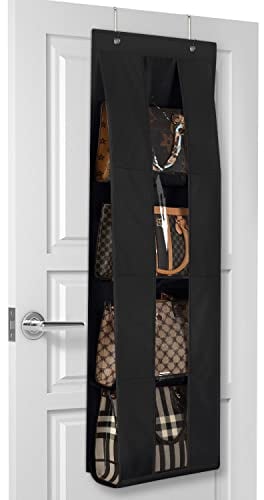 Lirex Handbag Storage Organiser, Over Door Purse Organizer Hanging Bag Hanger with 4 Clear Pockets Foldable Scarf Umbrella bag storage for handbags, Black