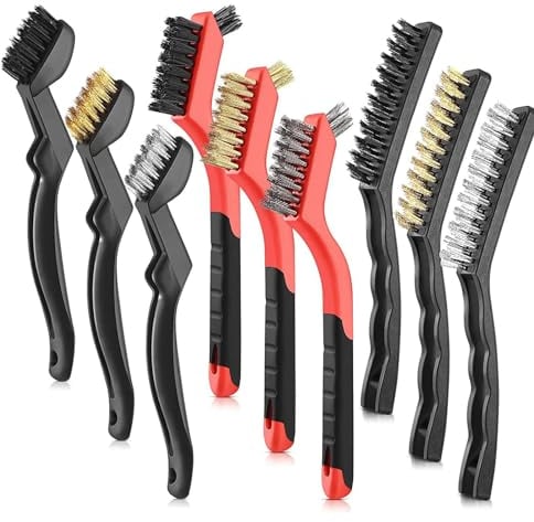 Wire Brush, Wire Brushes for Cleaning Small Parts Detailing, Brass Copper/Stainless Steel/Nylon Bristles Brushes for Metal, Wood, Stove, Sink, Rust & Welding Slag 9 Pieces Set
