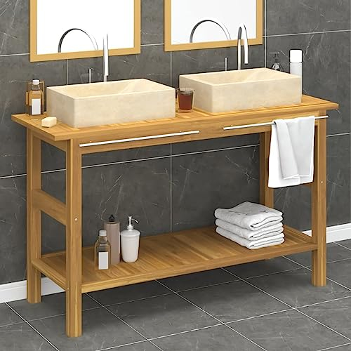 ZEYUAN Waschtisch mit Creme Marmorbecken Massivholz Teak, Waschbeckenunterschrank, Badezimmerschrank, Badezimmermöbel, Badschrank, Badezimmer Unterschrank, Badezimmer Möbel 3096578