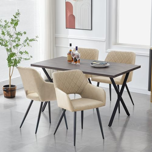 CLIPOP Essgruppen Esstisch mit 4 Stühlen,Holz Rechteckig Küchentisch 120cm und PU Leder Esszimmerstühle 4er Set,Retro Style Tisch Armlehnstuhl Sitzgruppe für Wohnzimmer Esszimmer Küche (Braun+Creme)
