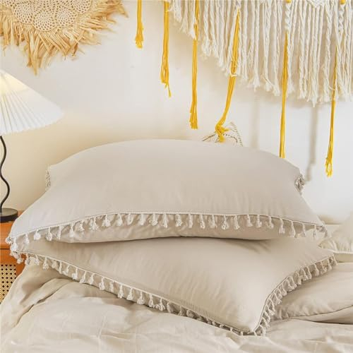 Freyamy Böhmen Kissenbezug 40x80cm 2er Set Karamell Quaste Fransen Boho Chic Kopfkissenbezug Gewaschene Microfaser Kissenhülle Luxus Mädchen Bohemian Kissenbezug mit Reißverschluss