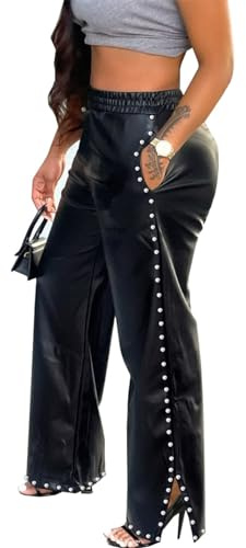 LifeShe Women's Faux Leather Pants High Waisted Wide Leg Studded Trousers with Pockets Black