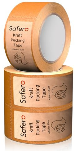 Safero Kraft Brown Paper Packaging tape 48mm (W) 50 Meter (L) | Strong Self Adhesive Recyclable Paper Tape for Packaging Parcels & Moving House Boxes | Craft Tape for Crafting Project