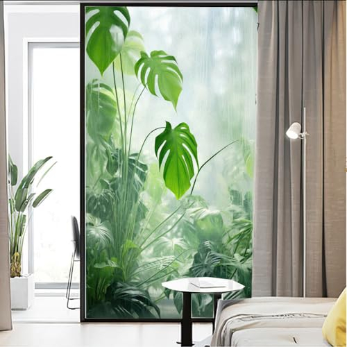 Sichtschutz-Fensterfolie, Grünpflanzen-Druck, Buntglas, statisch haftend, Fensterbehandlungen, Glasaufkleber, dekorative Folie für Glastür, Heimdekoration, 88 x 200 cm