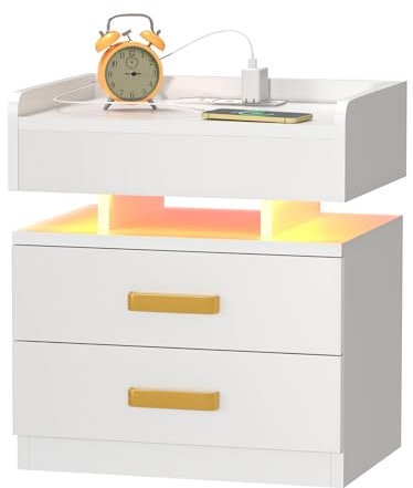 PIPIPOXER Nachttisch mit Steckdose & USB, Nachttisch LED Weiß Nachtschrank Hochglanz Nachtkommode 2 Schubladen mit Led 16 Farben Beleuchtung Beistelltisch für Wohnzimmer, Schlafzimmer, 45x35x52cm