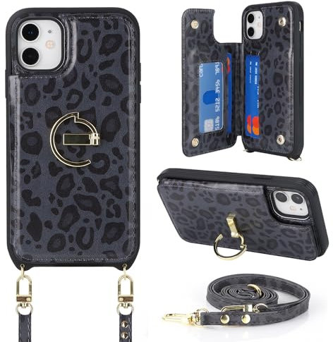 Havaya For iPhone 7 Plus Case with Strap Card Slot Mobile Phone Case iPhone 8 Plus with Strap Wallet Women's Zip Ring Stand Case - Black Leopard Print