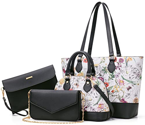 Bagsure Handtasche Damen Schultertasche Handtaschen Tragetasche Damen 4-teiliges Set für Büro Schule Einkauf Reise Geschenk (Blumen)