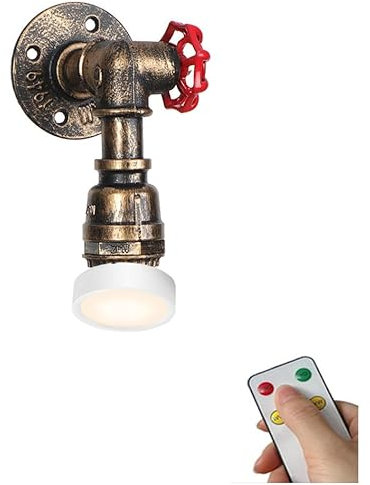SWEMOPP Vintage Industrial Wall Sconce Battery Operated Rustic Farmhouse Cordless Rechargeable Wall Light with Remote Steampunk Pipe Water Tube Wireless Wall Lamp for Bedroom Bedside Headboard