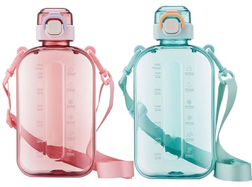 ZOYDP 2 Pcs Flat Water Bottle, 750ml Handbag Water Bottle Slim, Leakproof Square Water Bottle with Adjustable Strap, Flat Water Bottle for Handbag, Office, Travel, Hiking, Camp, Picnic (Cyan+Pink)