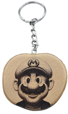 Promotech Gamer Mario Porte-clés unique en bois gravé au laser fait à la main, Bois naturel, W5L5
