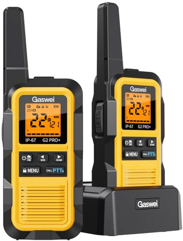 Gaswei G2pro+ IP67 Waterproof Floating Heavy Duty Walkie Talkies Long Range for Adults FRS Double PTT，FM radio,SOS,NOAA weather Rechargeable Two Way Radios 2 watts,VOX,Li-ion Battery (2 Pack - Yellow)