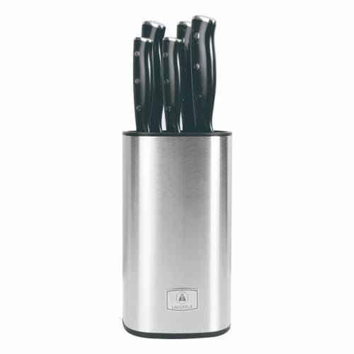 LAGUIOLE, Ceppo coltelli da cucina con 5 lame in acciaio 3CR13, modello Gleam, finitura a specchio, design moderno, dimensioni compatte 12x12x21,5 cm, colore nero