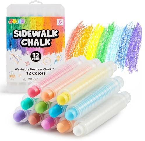 JOYIN Washable Dustless Chalk Set Rounded 12 Colors, 12 Pieces Non-Toxic Colored Chalk for Toddlers,School,Outdoor