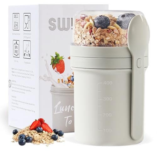 Swkien MüSlibecher to Go, Joghurtbecher to Go 450ml+250ml, Joghurt to Go Becher mit Löffel, Müsli Becher to Go für Müsli & Joghurt, Auslaufsicherer Müsli Cup to Go, Lunchpot(Hellgrau)